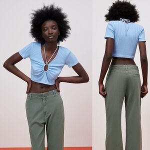 Zara Light Blue Ribbed Cropped Tee